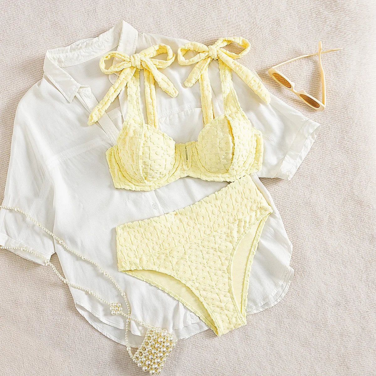 Bow Decor Underwire High Waist Bikini Set Yellow Bubble Textured Sweet Resort Beach Swimwear