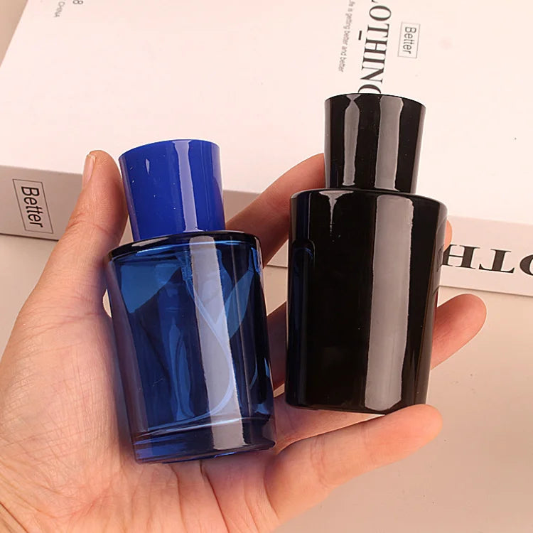 High Grade Hexagon Screw Mouth Thick 50ml Perfume Oil Spray Bottle Black Blue Clear Glass with Box 100pcs