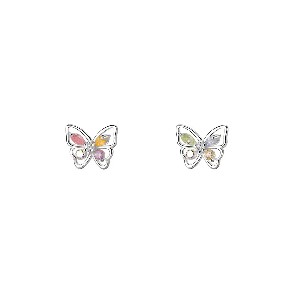 Vintage Butterfly Wing Stud Sterling Silver 925 With Colored Stones Cheap Colorful Fashion Enamel Earrings