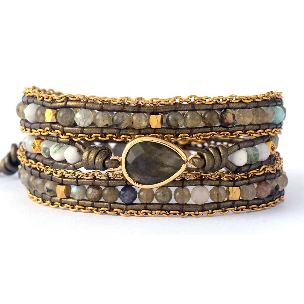 Vintage Beads Bangle Wristband Stone Labradorite Natural Bead Crystal Rhinestone Wrap Bracelets Unisex Bohemian Style