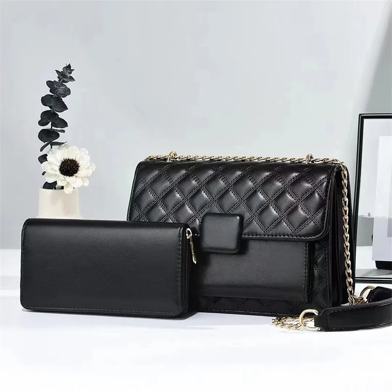 Kunhao New Versatile Crossbody Rhombic Embroidery Winter Vintage PU Material Chains Customizable Logo Large Storage Bag Women