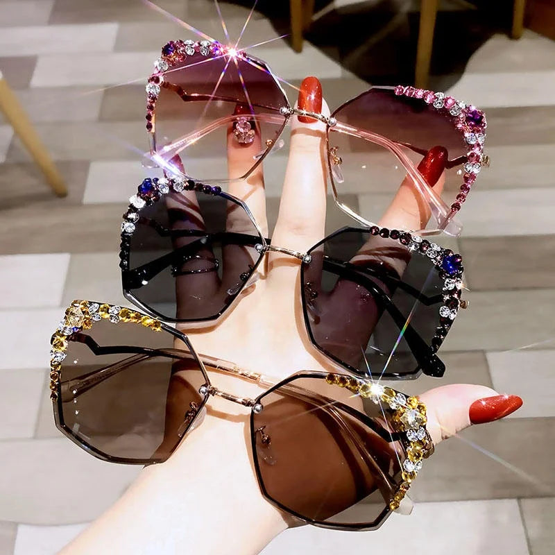 Vintage Korean Diamond Sunglasses Women Anti-uv Eye Wear Face Shades Oversized Sunglasses