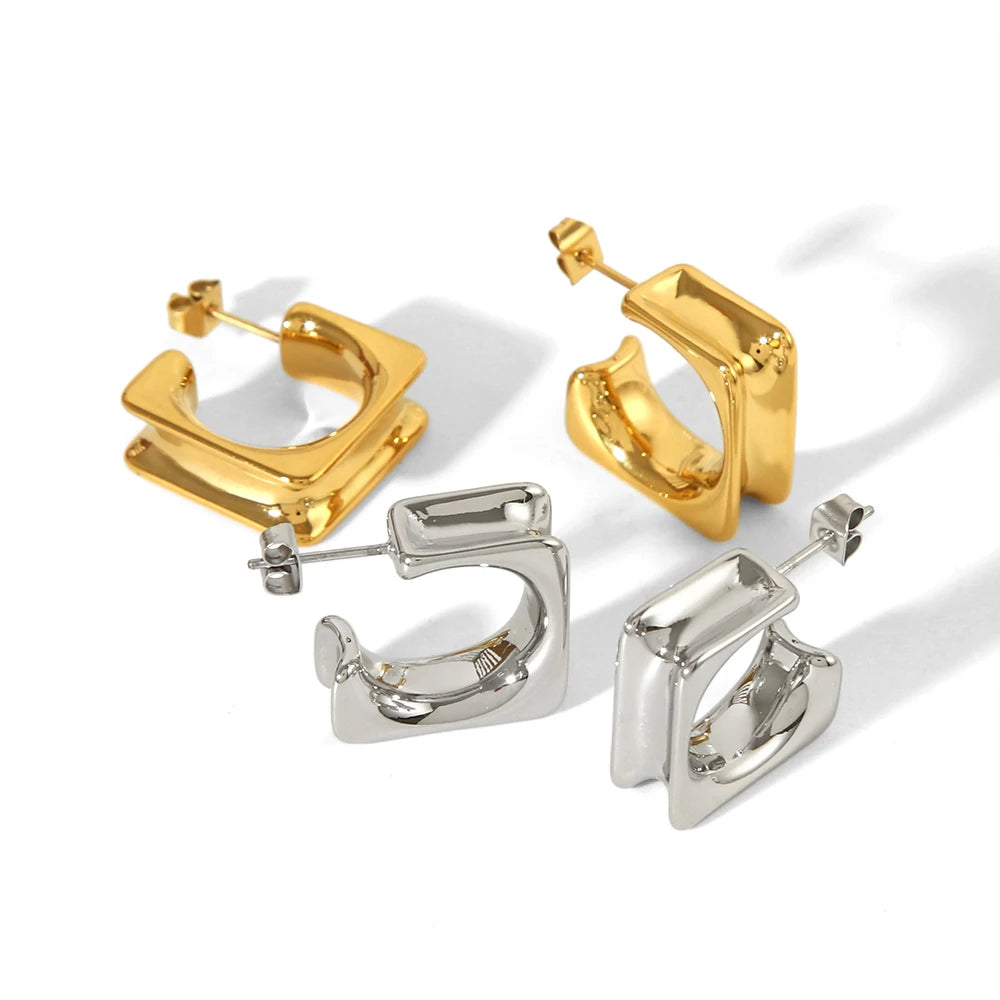 New Arrival Trendy Stainless Steel 18K Gold Plated Double Layers Geometric Square Shape Women Hoop Earrings Anniversary Gift