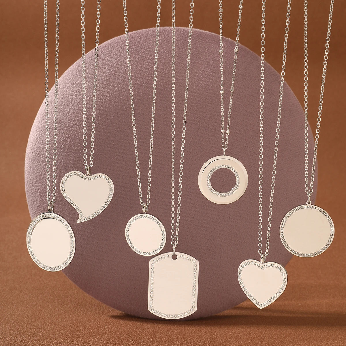 Custom Stainless Steel Crystal Silver Pendant Fine Polished Blank Laser Engraved Letter Heart Circle Shape Classic Anniversar