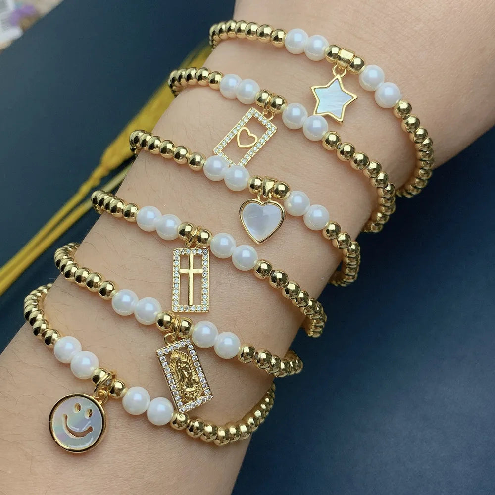 Heart Face Star pearl bead shell 18k gold cross charm bracelet