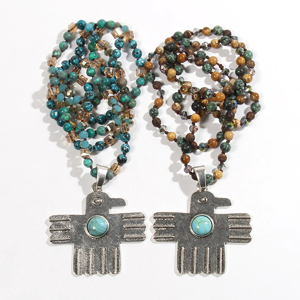 Vintage Bohemian Ethnic Style 6mm Natural Stone Glass Knot Necklace Ancient Silver Turquoise Eagle Pendant Necklace