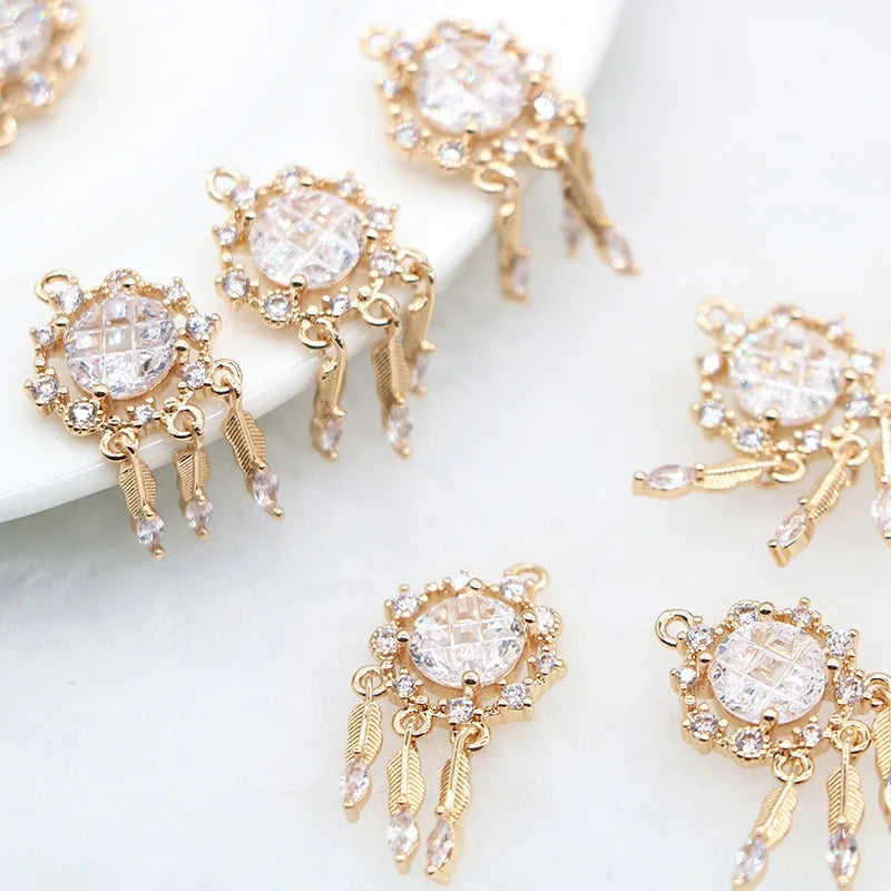 Delicate Gold Plated Dream Catcher Pendant Simple Zircon Ice Flower Tassel Pendant for DIY Material Jewelry Accessories