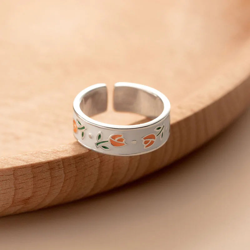 Fashion 100% 925 Sterling Silver Pink Orange Enamel Tulips Ring for Women Gifts 2024 New