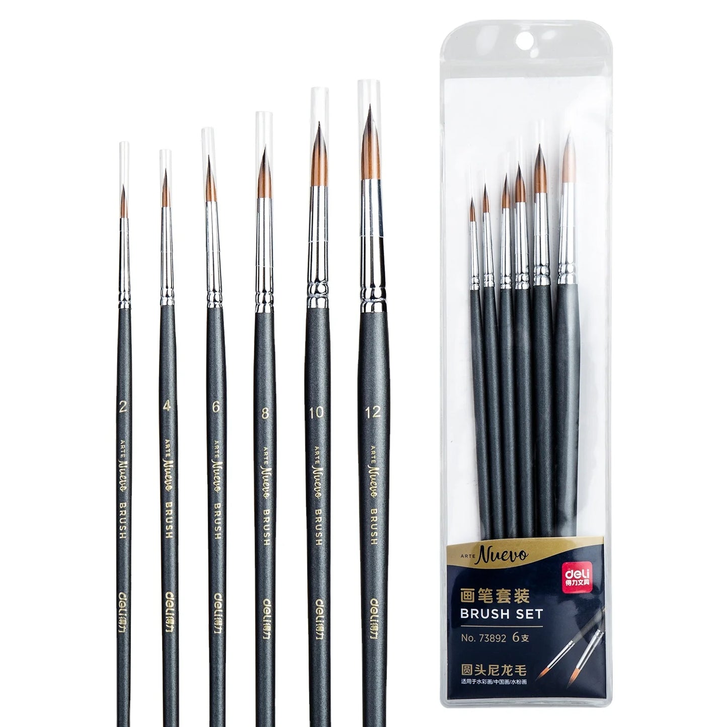 Deli 73892 Brush 6 Pieces Set Children's Painting Brush Round Head Nylon Wool Students Draw Brushes 144set Per Carton