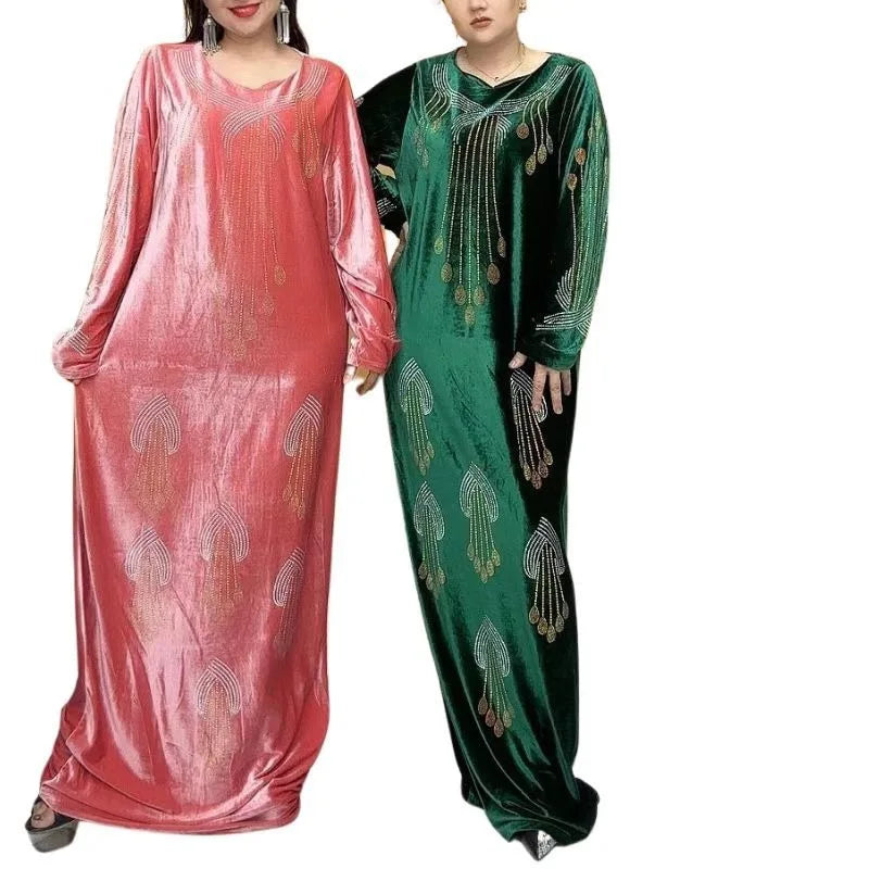 Modest Women Elegant Velvet Solid Dress With Shining Stone Long Sleeve Maxi Dresses for Women K0447
