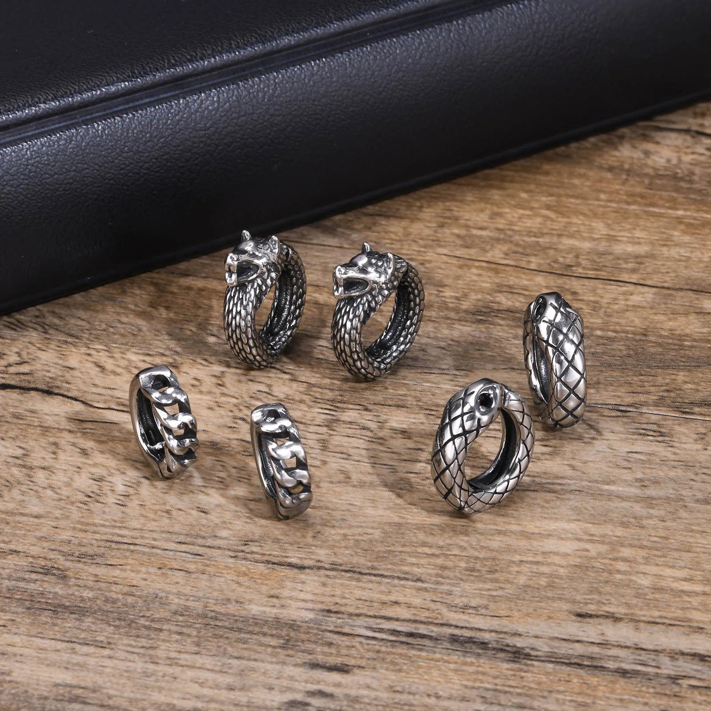 Vintage Punk Design Stainless Steel Animal Wolf Snake Geometric Hoop Earrings for Men Fashion Jewelry EH-608