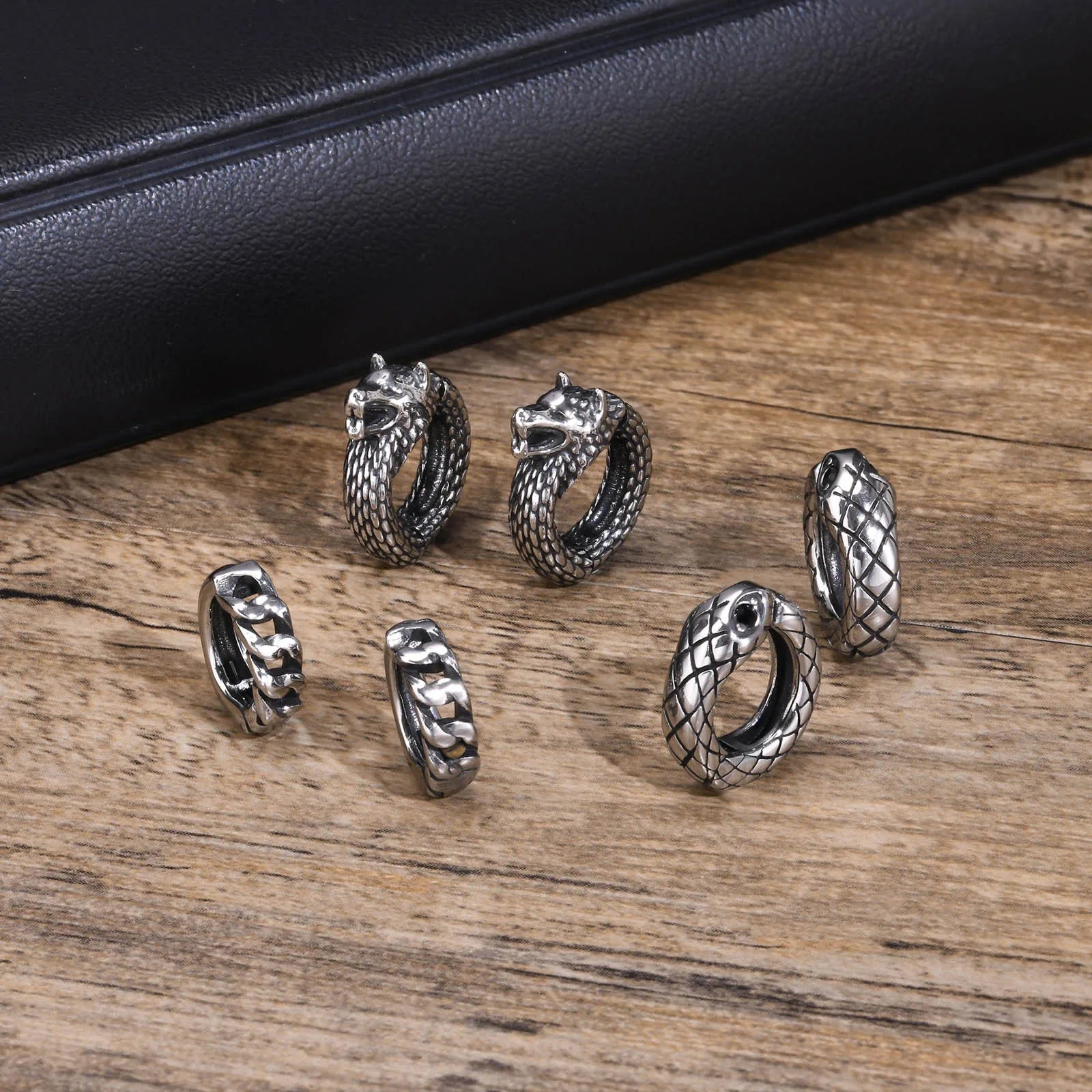 Vintage Punk Design Stainless Steel Animal Wolf Snake Geometric Hoop Earrings for Men Fashion Jewelry EH-608