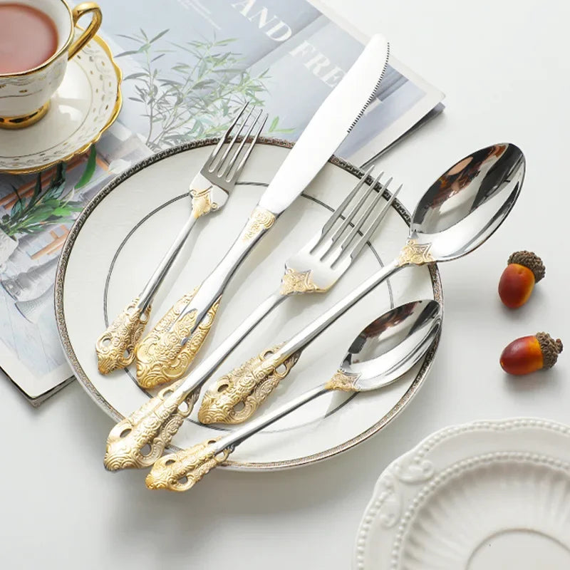 Golden Retro Relief Palace Knife Fork and Spoon Tableware Set Western Dinnerware Luxury  Engraving Tea Spoon Dessert Fork