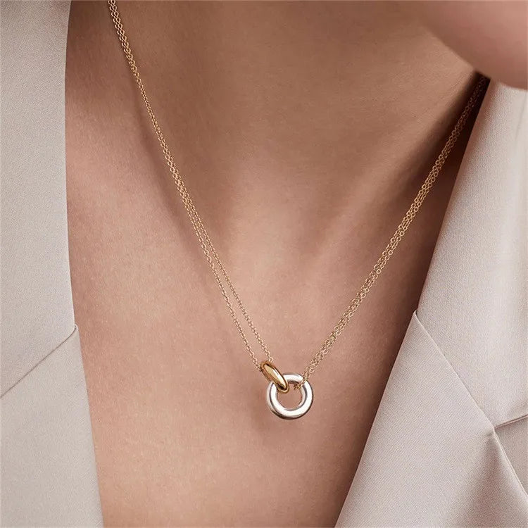 SP New Fashion Pendant Necklace Stainless Steel Double Plating Geometric Round Pendant Women Necklace