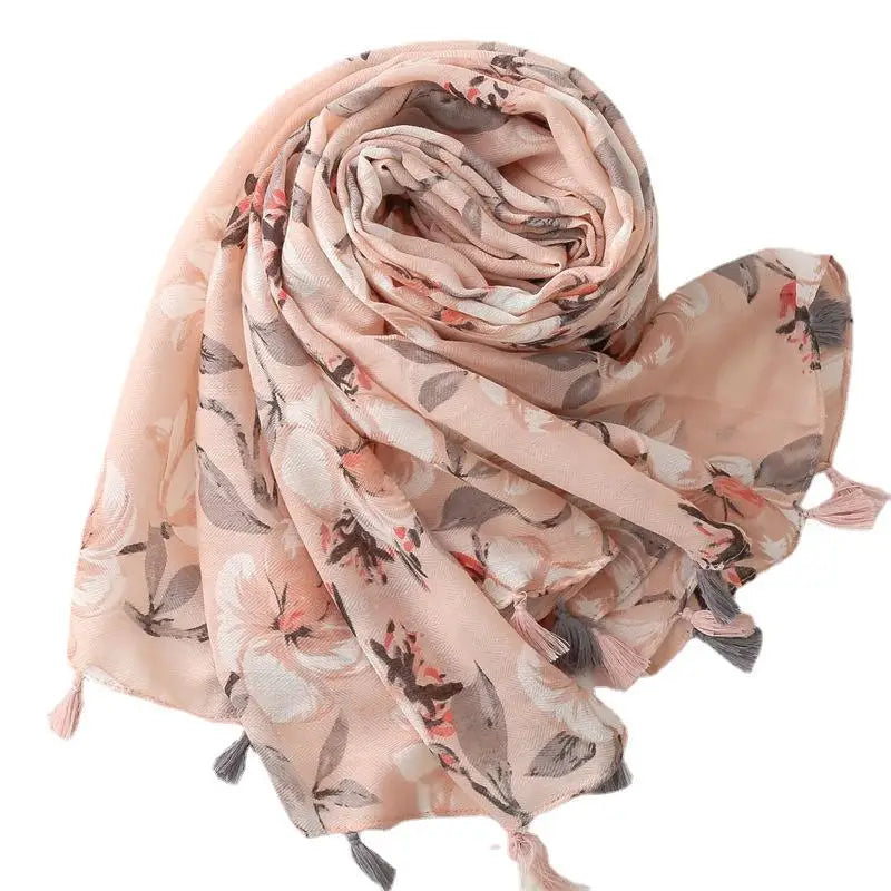 Pink Color Light Weight Women Fashion Scarves Spring Floral Style Lady Viscose Cotton Shawls with Tassels