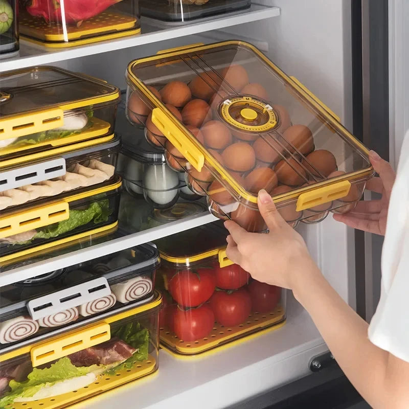 Stackable Refrigerator Storage Box Food Grade Containers Kitchen Eggs Organizers Boxes with Drainboard Timer Kitchen Large Ca