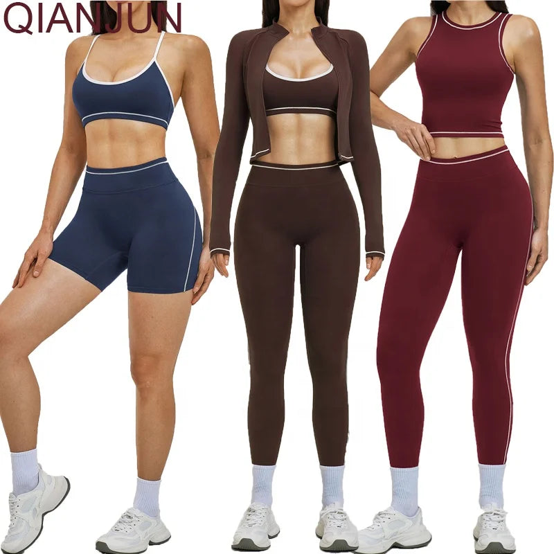 2026 New Sports Yoga Suit 5 Piece Yoga Sets Shirts Crop Top High Waist Leggings Gym Fitness Tracksuit Workout Set