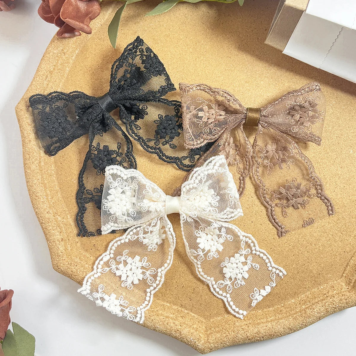 Women Korean Design Accessories Vintage Fashion Embroidery Lace Hair Bow With Alligator Clip