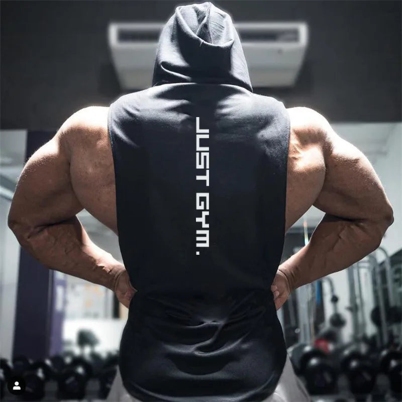 Summer Muscle Fit Men's Workout Hooded Tank Tops Bodybuilding Muscle Shirts Puff Print Men Sleeveless Gym Hoodie Shirt