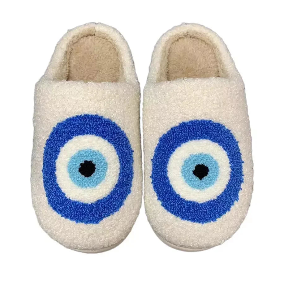 Cute Winter Warm Indoor Slippers Fur Style PVC Lining Fabric Insole Soft Cotton Flat Evil Eyes Design Anti-Slippery Lightweig