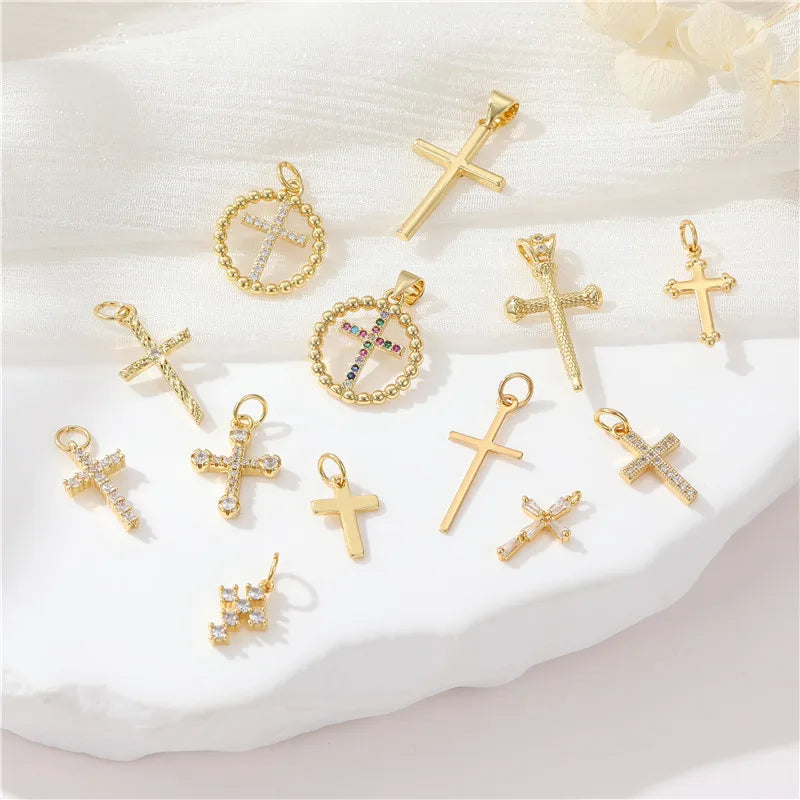 Wholesale Custom Jewelri Findings Gold Plated Charm Zircon Cross Pendant Glossy Cross Charms for Jewelry