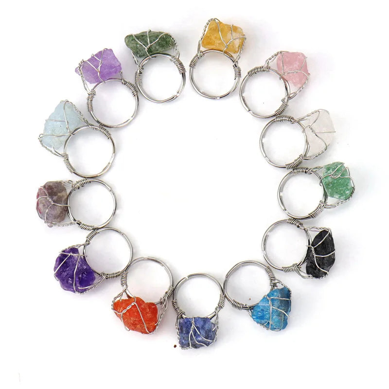 Adjustable Natural Stone Winding Ring Raw Stone Ring for Women Amethyst Rose Quartz Amazonite Fluorite  Crystal Stone Ring