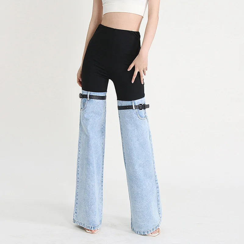2024 New Style European American Street Trendy Loose Jeans Elastic Waist Personalized Splicing Straight Wide Leg Casual