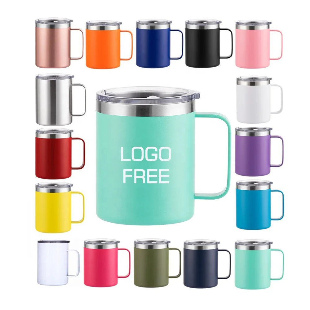 Food Grade 12oz Custom logo Double Walled Insulated Bpa Free Stainless Steel Coffee Mug Camp with Handle Magnetic Lid Wholesa