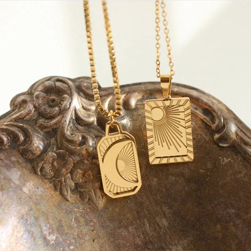 High End Waterproof Non-Tarnish Long Stainless Steel 18K Gold Plated Geometric Classic Sun Moon Pendant Necklace for Men & Wo