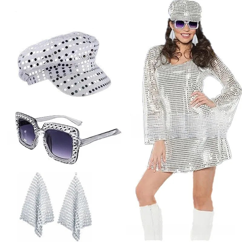 Baige 3PCS/5PCS 70s Disco Costume Accessories Women 80s Disco Dress Set Disco Earrings Sequin Hat Sunglasses Bracelet