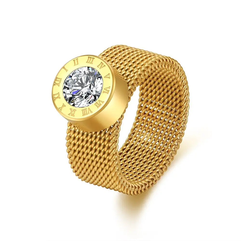 Vintage Woven Mesh Design Gold Plated Rings  Stainless Steel Rings Jewelry Diamond Rings for Women Men