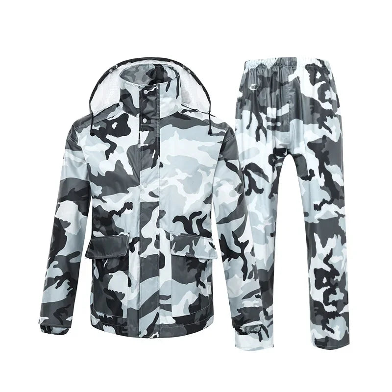 Camouflage Adult Waterproof Raincoat & Rain Pants Set with for Transparent Hat for Fishing Cycling & Motorcycle Outdoor Use