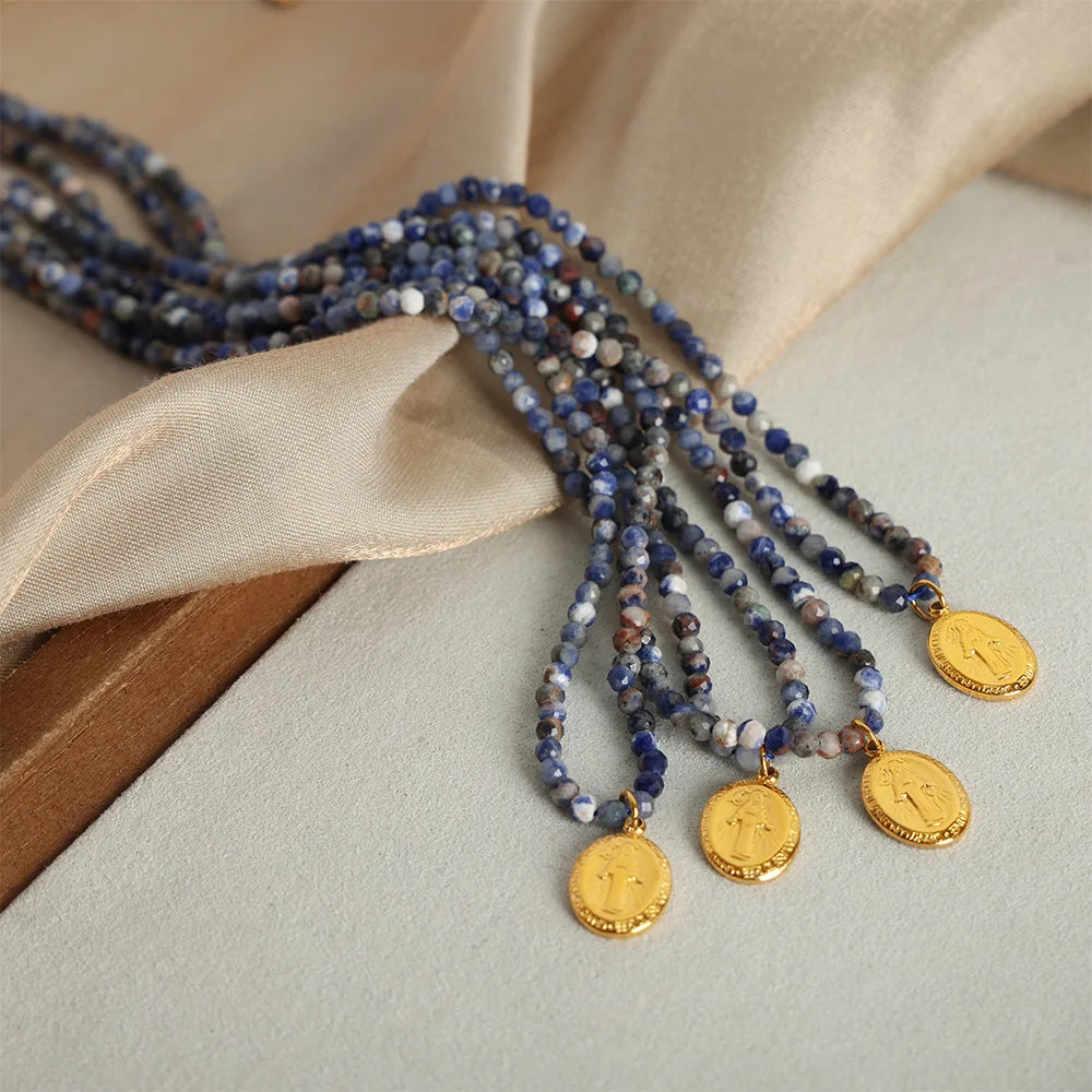 Bohemian Jewelry Multicolored Natural Stone Beaded Necklace Stainless Steel Gold Plated Portrait Circular Pendant Necklace