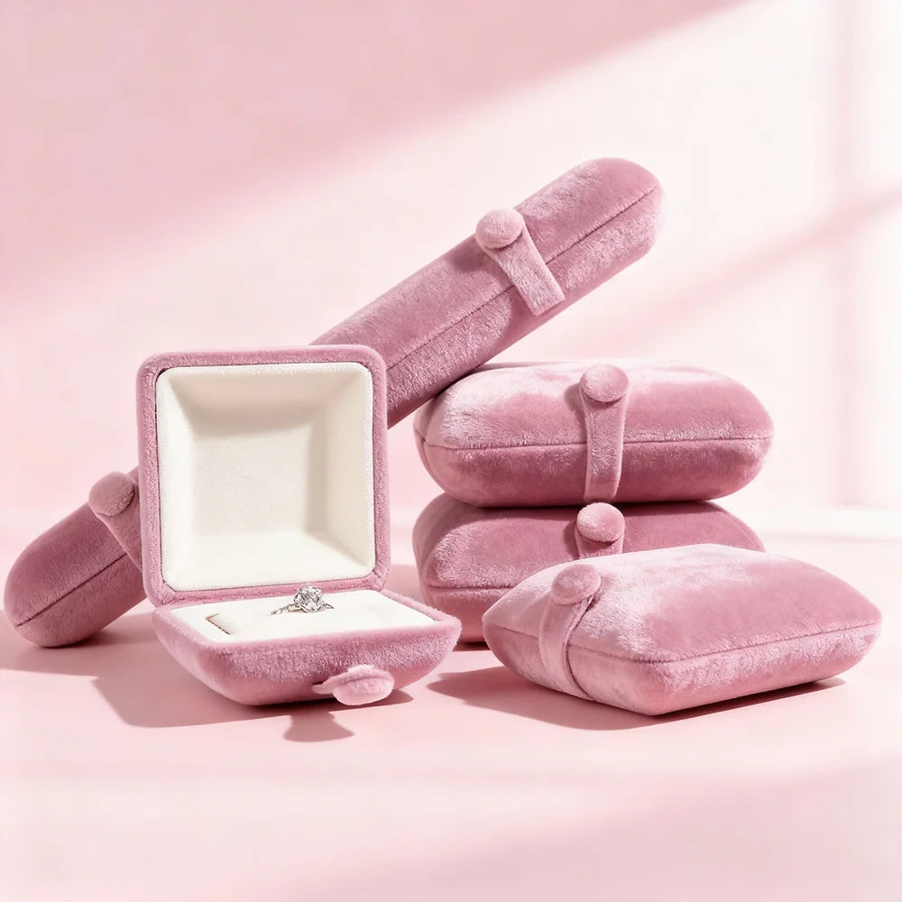 Customized Brand logo Wholesale Jewelry Luxury pink Cream Velvet Jewelry Gift Portable Earring Jewelry Ring Packaging Boxes