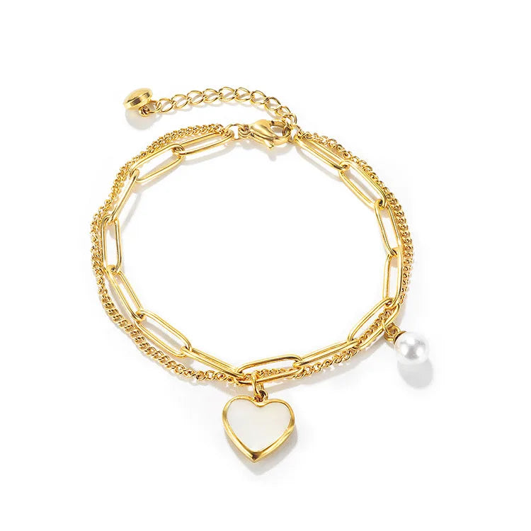 G1729 Fashion Jewelry Wholesale Bracelets Double Paperclip Chain Titanium Steel Pearl Pendant Women Lucky Heart Charm Bracele