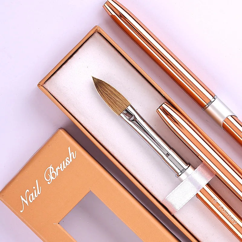 100% Pure Kolinsky Acrylic Nail Brush Custom Logo Aluminum Handle Six Angles Original Crimped Round