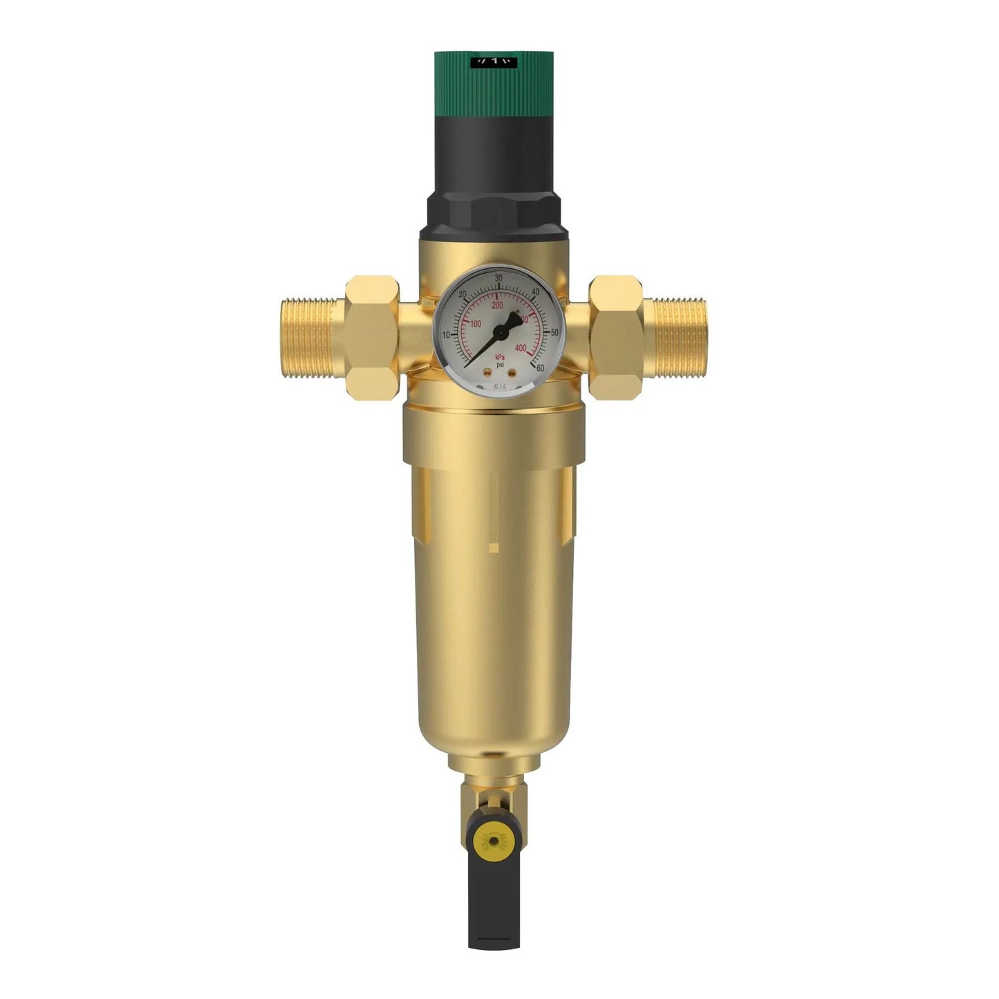 Brass Whole House Back Wash Spin Down Water Filter System with 40 Micron Mesh Filter and Water Pressure Regulator 3 in 1