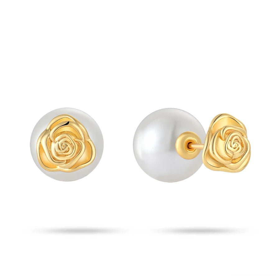 Wholesale Sterling Silver Jewelry S925 Earrings Gold Plated Rose Design Freshwater Pearl Earrings for Women