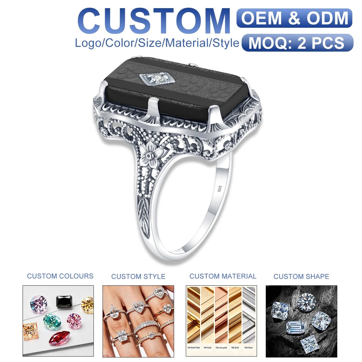 Vintage Black Onyx Rings Women Silver Jewelry Gothic Exquisite Filigree Jewels Black Gemstone Sterling Silver 925 Ring