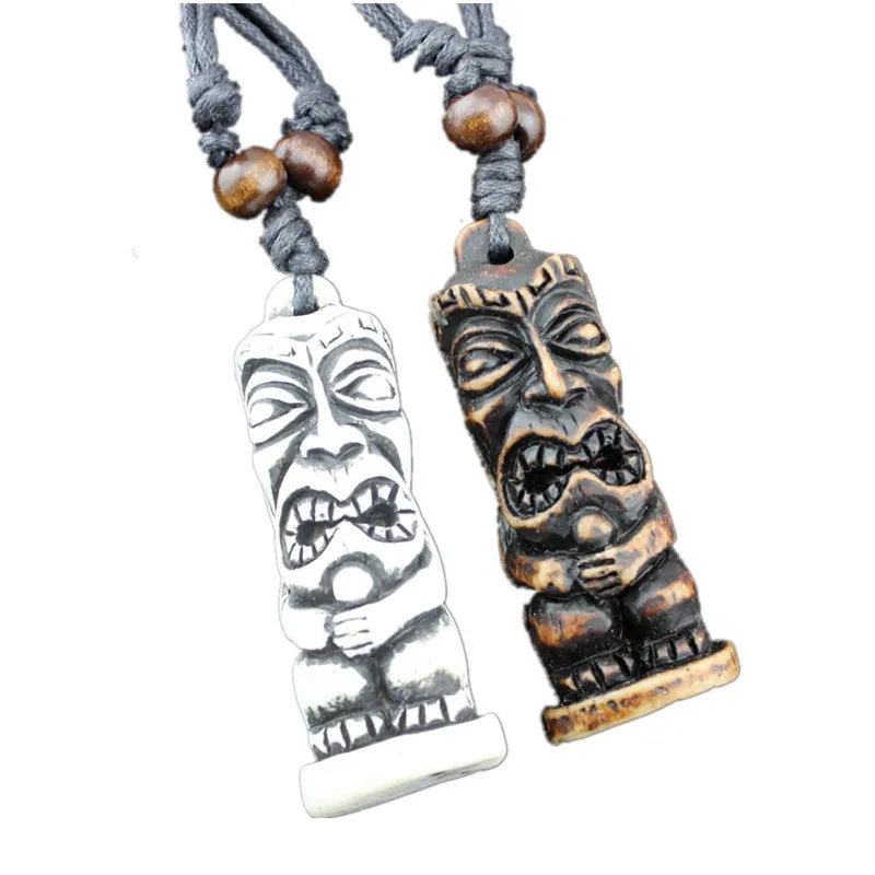 Hawaiian Holiday Style Surfing Necklace Women Men Maori Tribe Retro Three-dimensional Resin Carved Tiki Statue Pendant Neckla