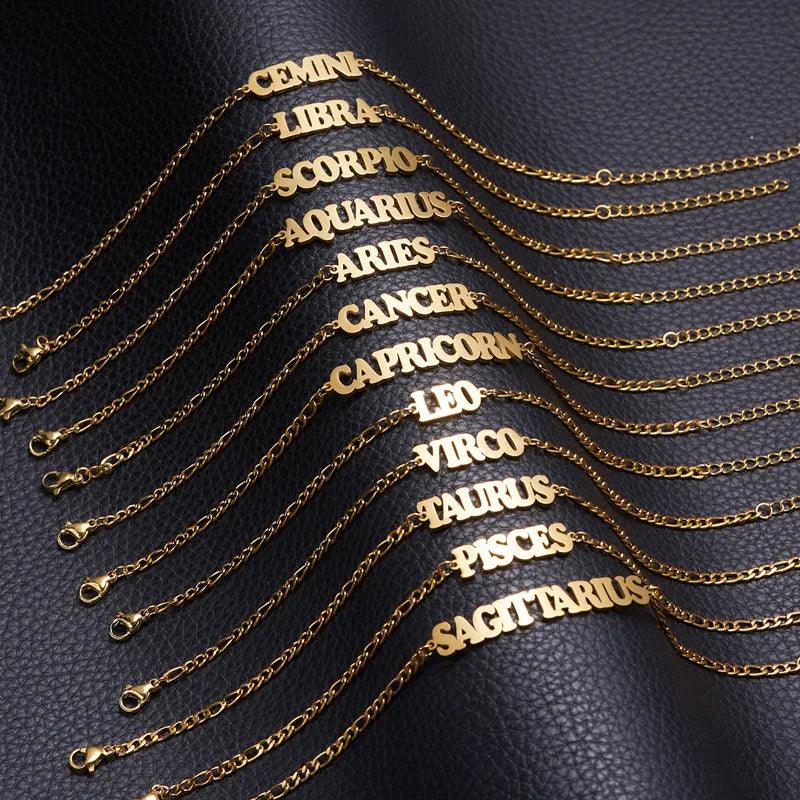 Stainless Steel 18K Gold Plated Zodiac Sign Name Bracelet English Letter Pendant Bracelet