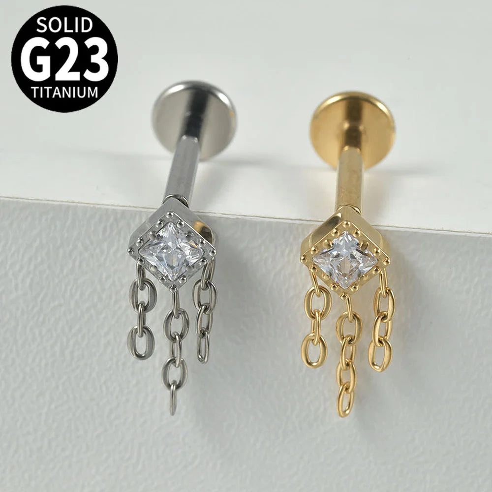 Children's Wedding Titanium Geometric Square Zircon Stud Tassel Chain Pendant Earrings Internal Thread Tragus Piercing Lip St