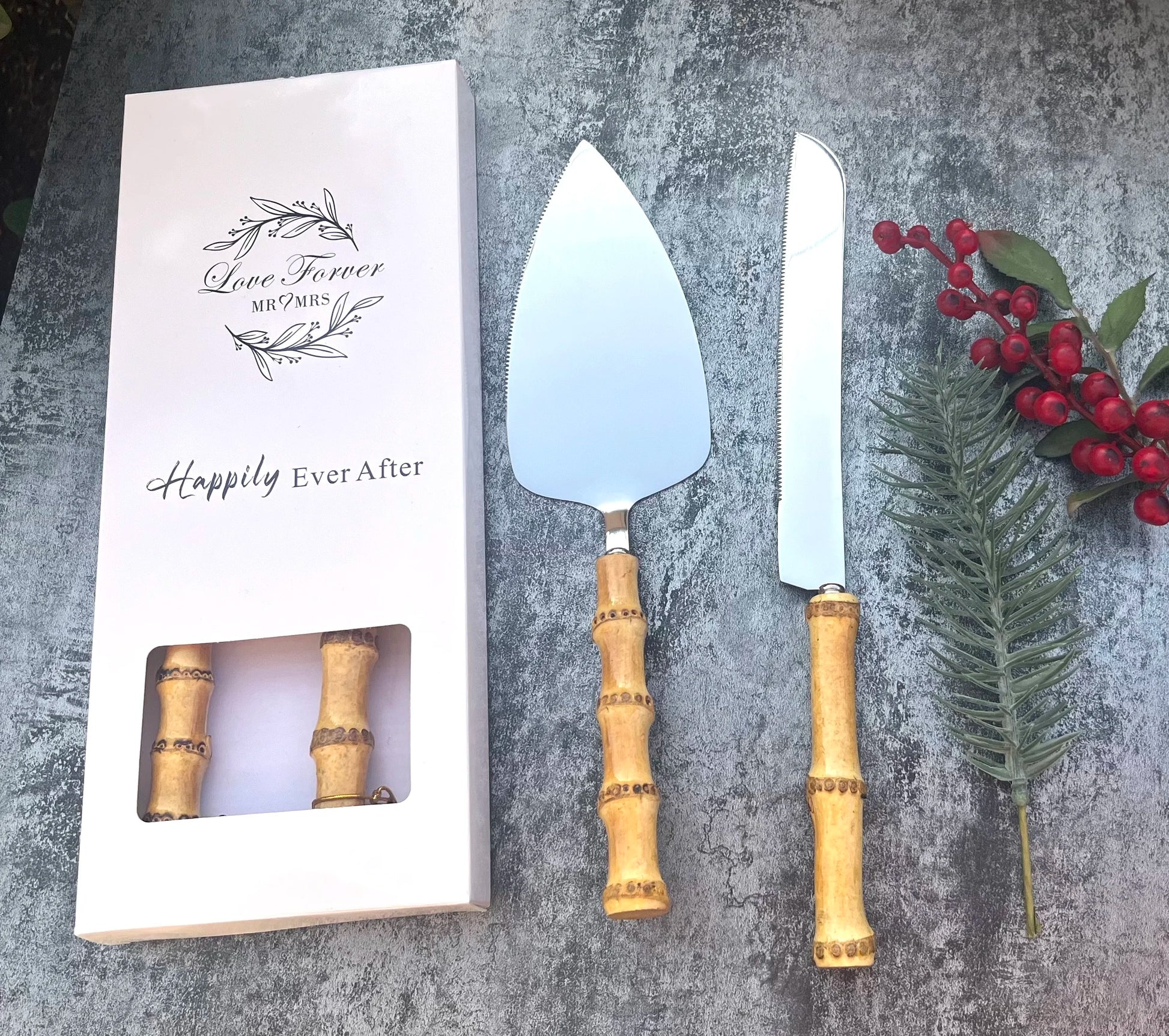 Modern Real Bamboo Handle Wedding Cake Knife Server Set Sleek Mirror Stainless Steel 430# Cutlery Kitchen Tools of 2