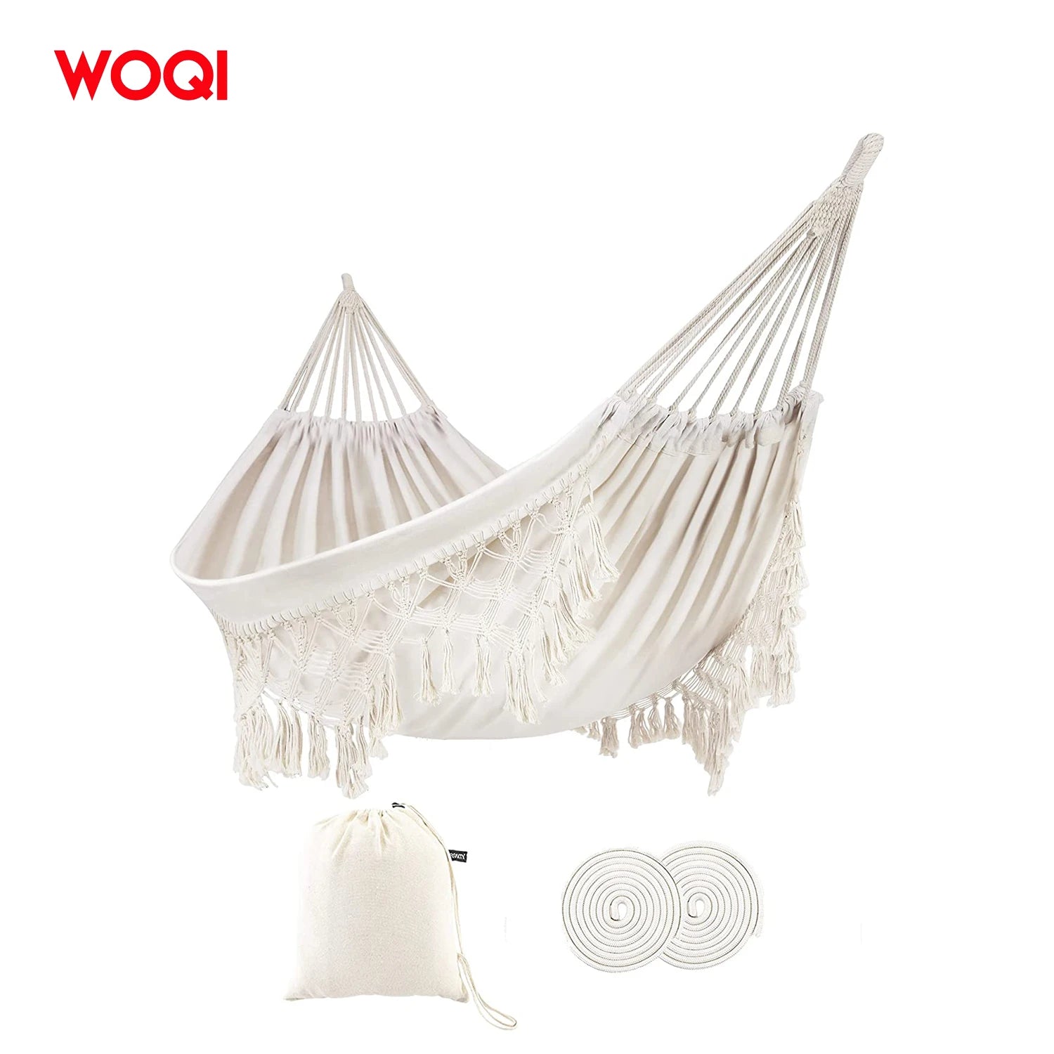 WOQI Cotton Hammock with Tassel Canvas Hammock Camping Hammocks with Lace Fringe