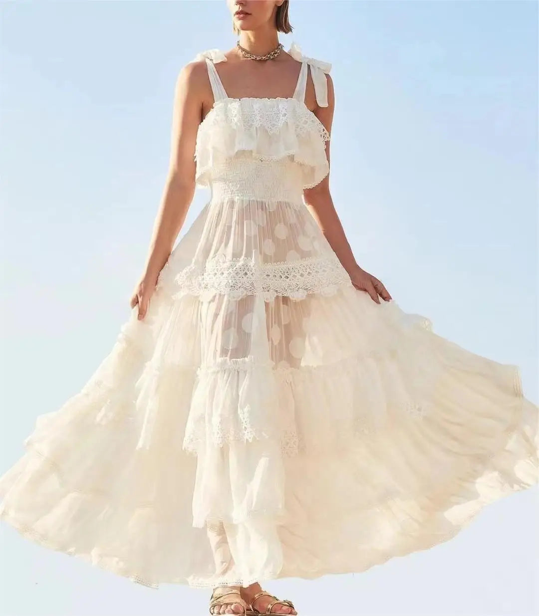 White Fairy Dresses 2024 Spring Holiday Travel Ruffled Solid Jacquard Splicing Suspender Maxi Dress Women Sweet Woven