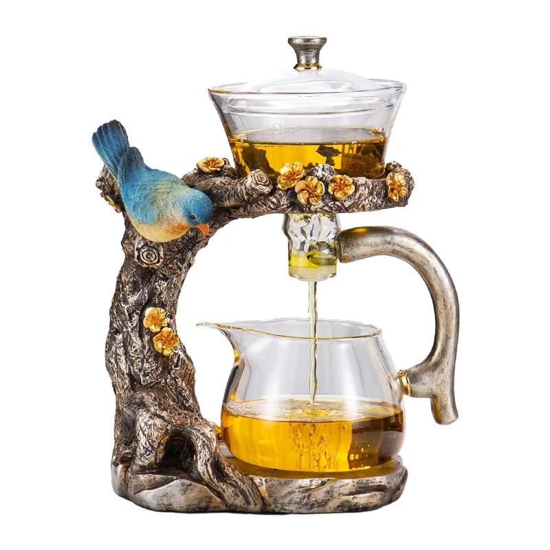 Office Home Heat-Resistant Lazy Teapot Set Business Gift Glass Kung Fu Bird Pattern Magnetic Water Flow Glass Teapot Set