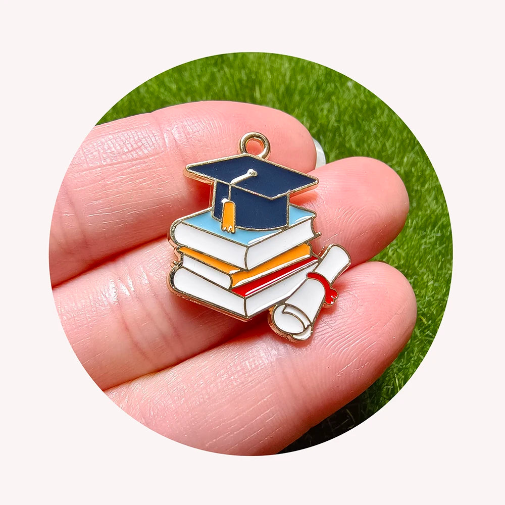 Graduation Hat Books Scroll Shaped Colorful Enamel Charms Metal Pendant for Keychain Bracelet Necklaces Jewelry