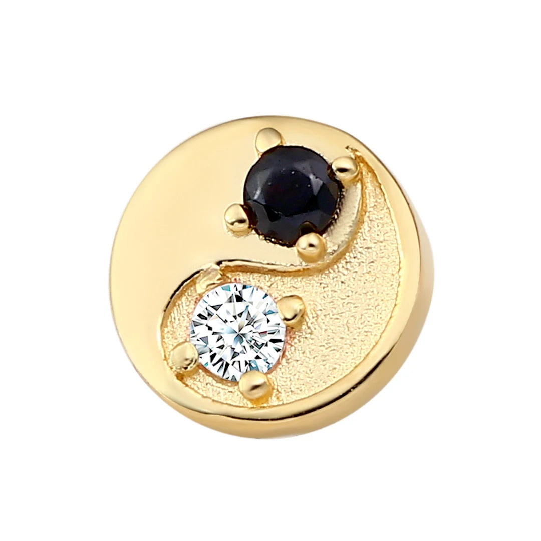 Eternal Metal 14K Solid Gold Clear&Jet CZ Yin Yang Ear&Nose Piercing Labret&Belly Ring Jewelry Internally Threaded Ends Tops
