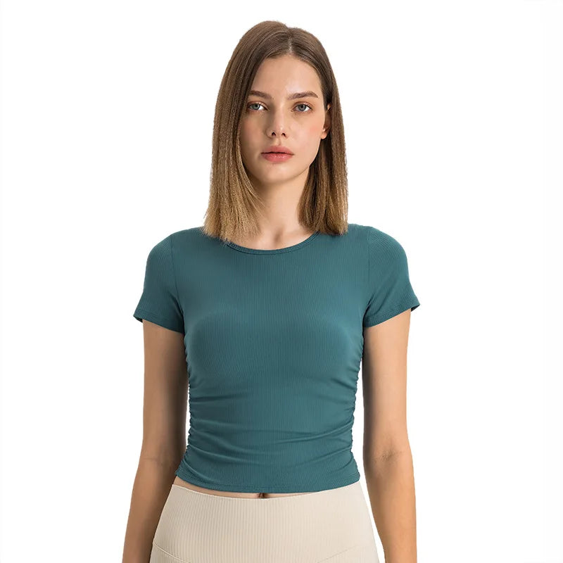 GC SPR High-Elastic Short-Sleeved Yoga Top With Ribbed Micro-pleat Waist-Cut Nude-Feeling Slim-Fitting Sports Top for Adults