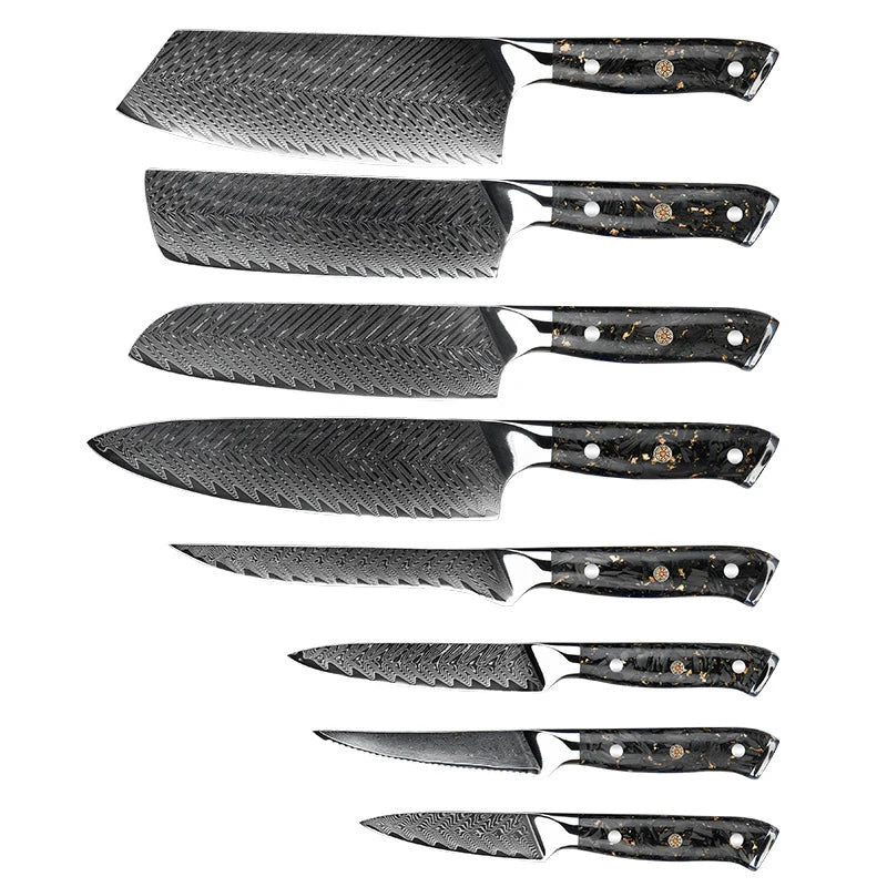8PCS Professional Japanese Real Damascus Steel Kitchen Chef Knife Set Resin Carbon Fiber Handle